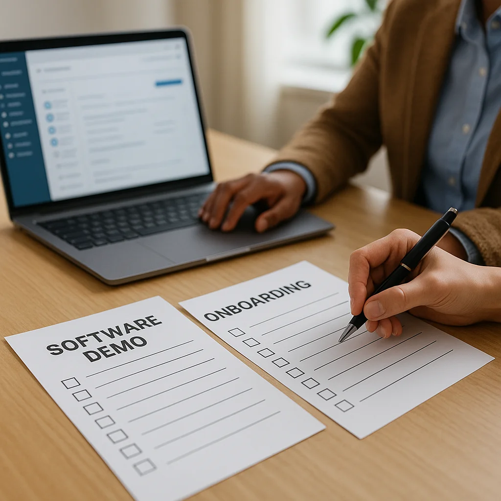 Two printed checklists labeled 'Software Demo' and 'Onboarding' lie on a wooden desk while one person writes on the onboarding checklist with a pen and another operates a laptop in the background.