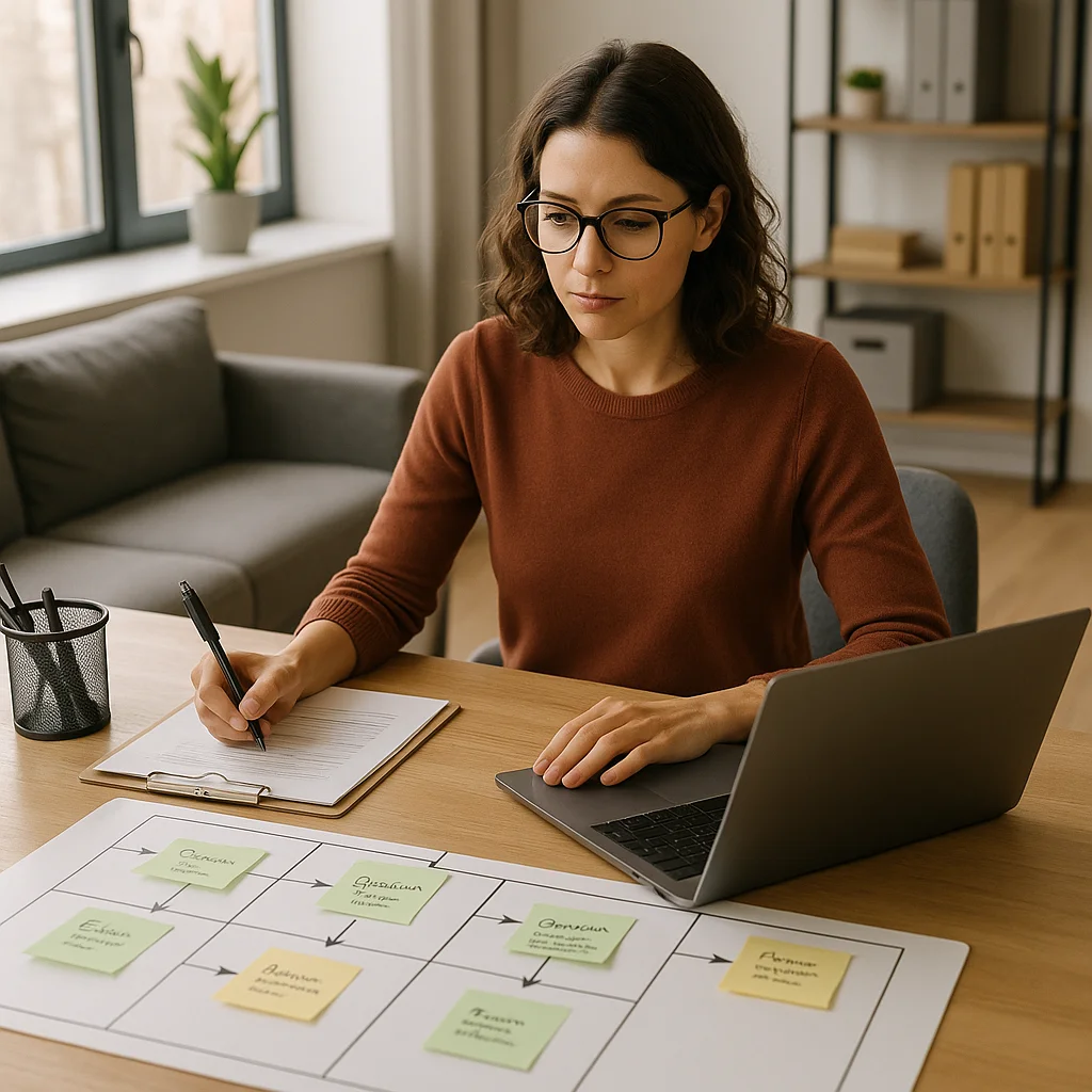 A woman with glasses in a rust-colored sweater sits at a wooden desk, writing on a clipboard while using a laptop, with a large printed flowchart covered in green and yellow sticky notes laid out in front of her.