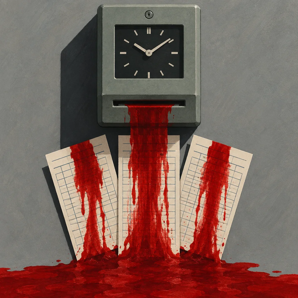 Editorial illustration: A wall-mounted industrial time clock with a black face bleeds a heavy stream of red liquid through its card slot onto three vertical timecard forms below, which are soaked and dripping red onto a pooling floor.