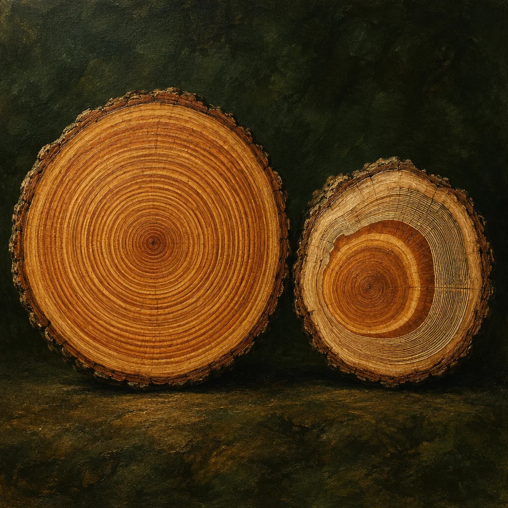 Editorial illustration: A painterly still-life of two cut tree trunk cross-sections displayed upright on a stone ledge against a dark mottled background, the larger left section showing dozens of tight uniform annual rings and the smaller right section showing fewer, unevenly spaced rings with a distinct lighter outer band.