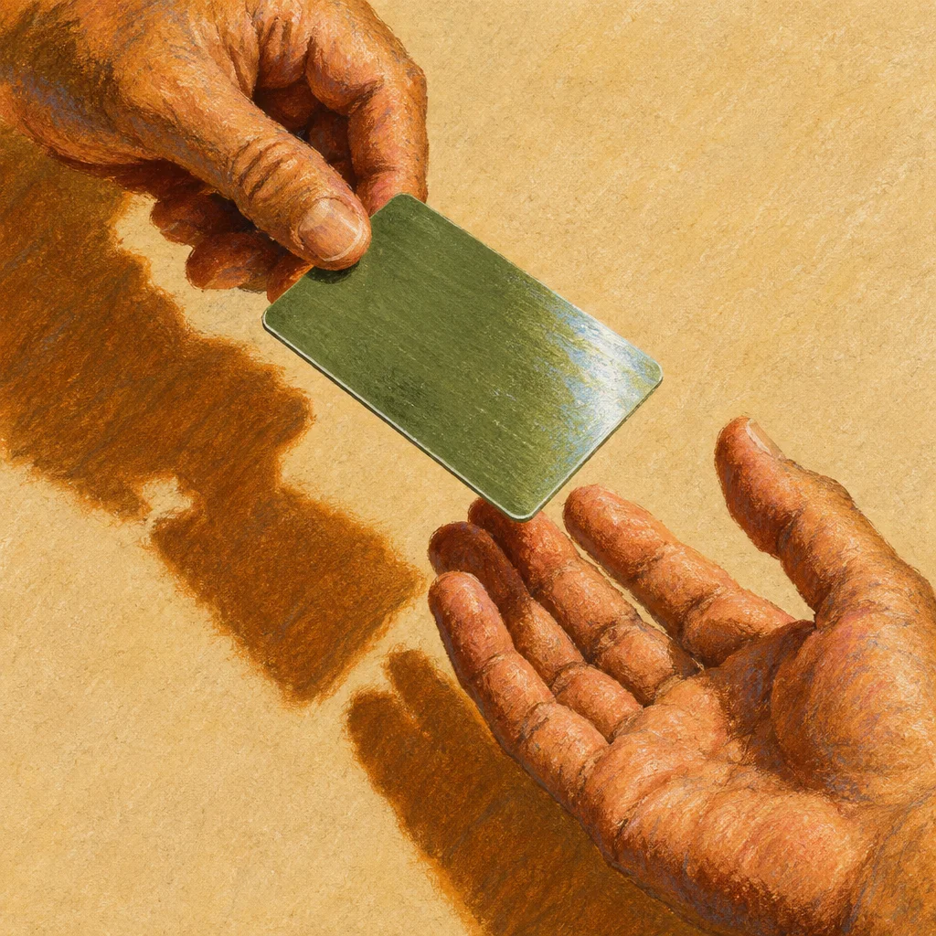 Editorial illustration: A painterly colored-pencil illustration shows one weathered hand pinching a blank green metallic card downward toward a second open upturned hand below, both hands casting shadows on a warm tan background.