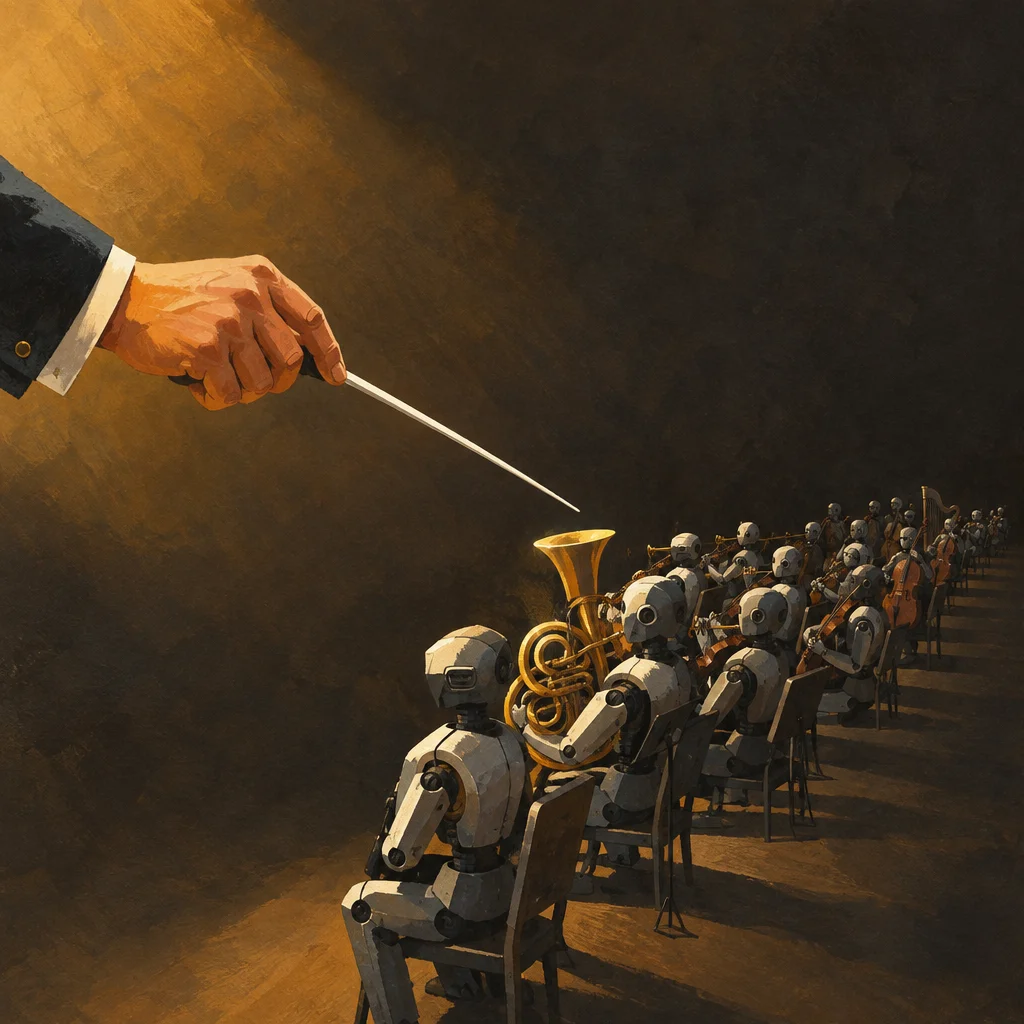 Editorial illustration: A painterly editorial illustration shows a close-up of a human hand in a suit sleeve holding a conductor's baton extended toward rows of white humanoid robots seated in an orchestra formation, holding brass and string instruments under warm golden spotlight against a dark background.