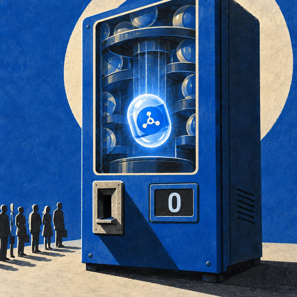 Editorial illustration: A monumental blue vending machine with a glowing blue molecular-icon token suspended inside a cylindrical chamber stands against a cobalt background while a line of silhouetted suited figures waits beside it, the machine displaying a zero on its price panel.
