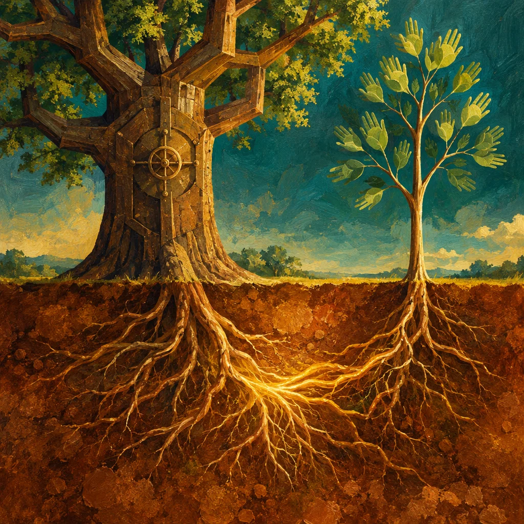 Editorial illustration: A painterly oil illustration showing a large mature tree with a bank vault door and hexagonal wooden framework embedded in its trunk beside a smaller sapling whose leaves are shaped like open human hands, both trees sharing a glowing network of intertwined golden roots beneath a cross-sectioned earth layer, set against a teal sky over a pastoral landscape.