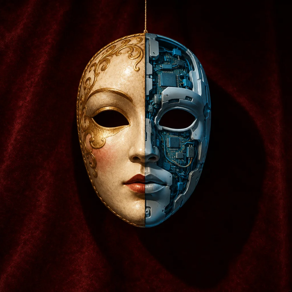 Editorial illustration: A mask split vertically down the center hangs by a gold cord against red velvet, the left half a classical Venetian face with gold filigree and painted features, the right half a robotic panel exposing blue circuit boards and silver mechanical components.