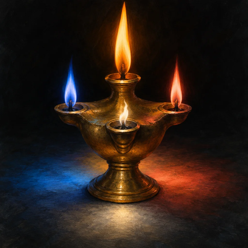 Editorial illustration: A painterly oil illustration of a four-wick brass oil lamp on a pedestal, with a tall orange flame rising from the central top spout, a blue flame on the left arm, a red-orange flame on the right arm, and a small white flame from a front-center spout, casting colored pools of blue and red light on a dark stone surface.