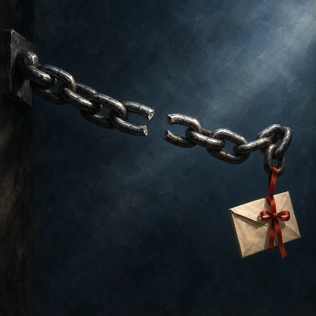 Editorial illustration: A thick iron chain bolted to a dark stone wall breaks apart at a single fractured link in the center, with a kraft paper envelope tied with a red bow dangling from the free end of the chain against a dark blue atmospheric background.