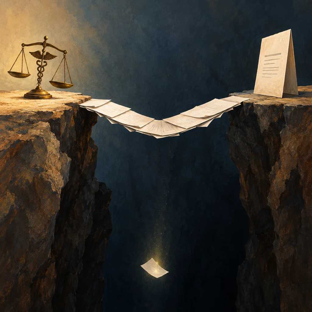 Editorial illustration: A painterly surrealist illustration shows a sagging bridge made of layered paper documents spanning a deep rocky chasm, with a brass scales-of-justice figure on the left cliff edge and a large upright document on the right cliff edge, while a single glowing paper falls into the dark abyss below.