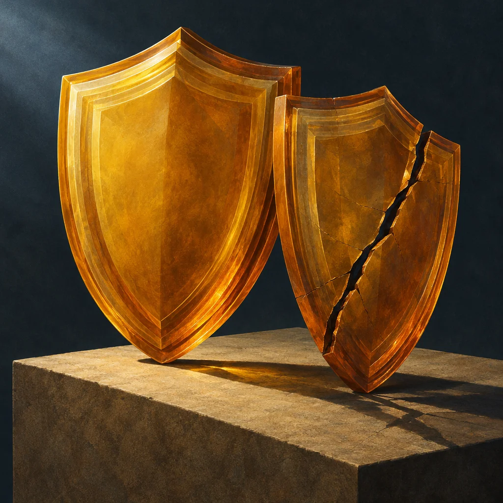 Editorial illustration: Two large golden heraldic shields rest upright on a stone pedestal against a dark blue background, the left shield intact and gleaming, the right shield bearing a dramatic jagged crack splitting it nearly in two.