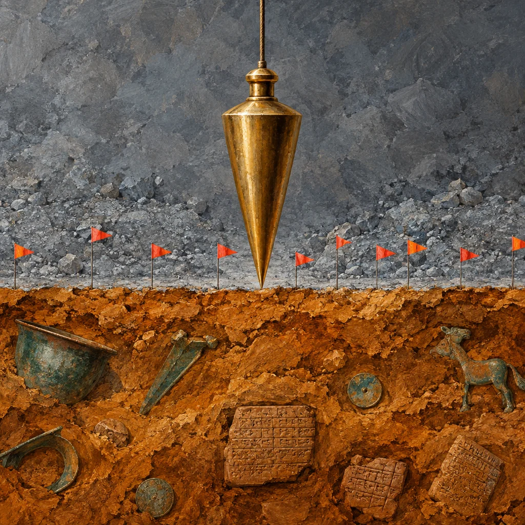 Editorial illustration: A polished editorial illustration shows a brass plumb bob hanging by a wire cable pointing downward toward a horizontal layer of grey gravel studded with small red survey flags, below which a cross-section of orange earth contains partially buried antiquities including clay tablets with cuneiform script, bronze vessels, a circular medallion, and a small horse figurine.