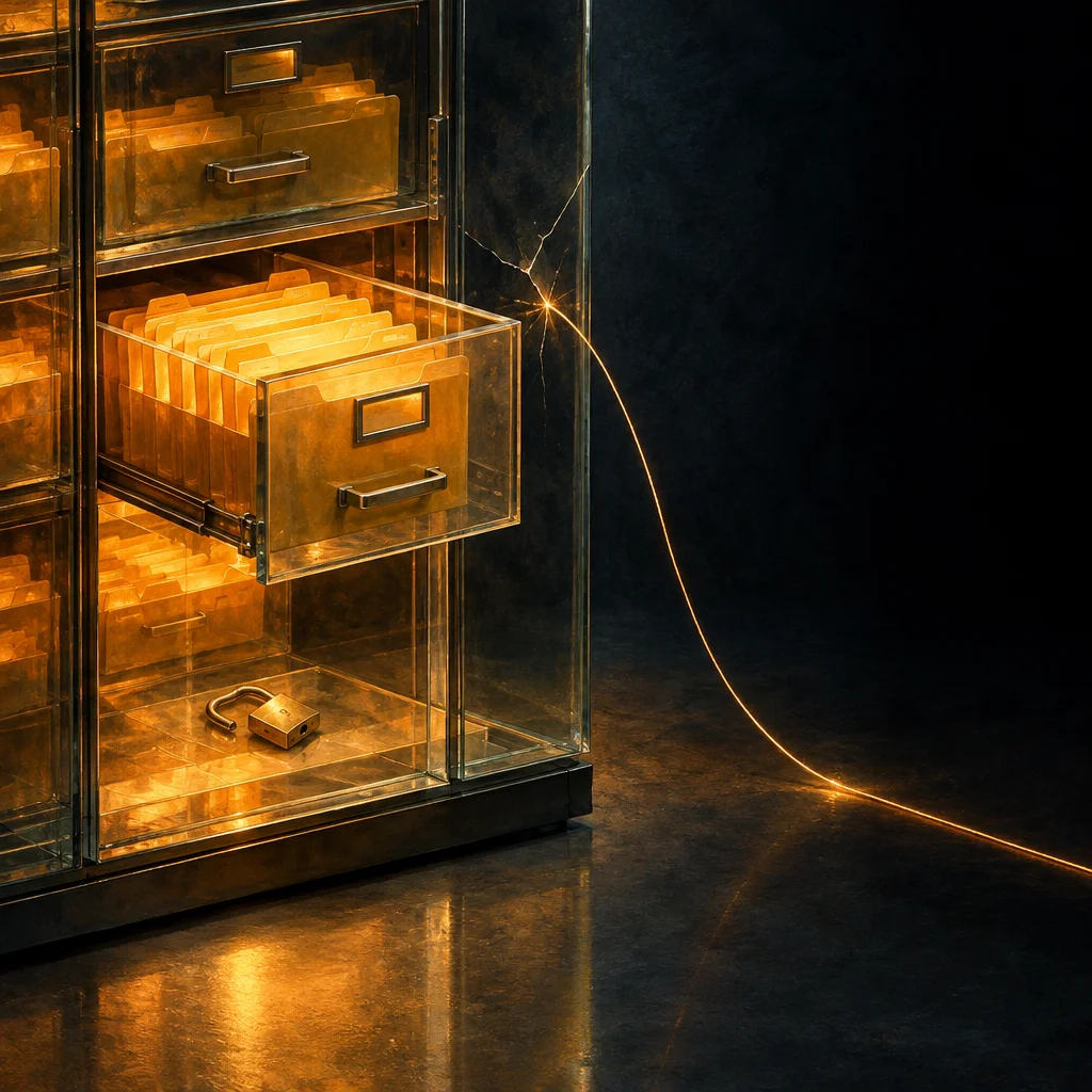Editorial illustration: A translucent glass filing cabinet illuminated from within by golden light reveals rows of amber file folders and a drawer pulled open, with an unlocked brass padlock resting on the bottom shelf and a single glowing filament escaping through a spiderweb crack in the cabinet wall and trailing across a dark floor.
