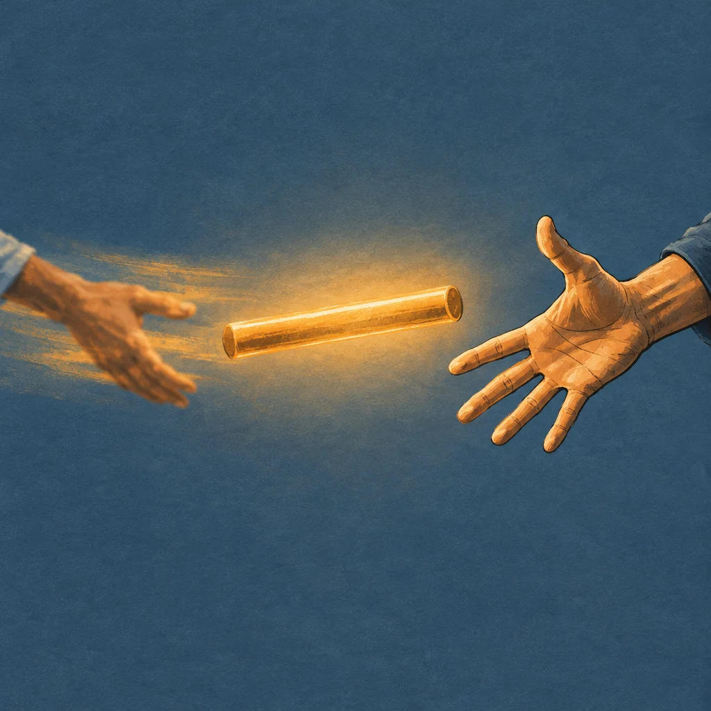 Editorial illustration: A stylized editorial illustration shows a luminous golden cylindrical baton flying through blue-gray space between one open hand releasing it on the left and another open hand reaching to receive it on the right, with golden motion streaks trailing behind the baton.