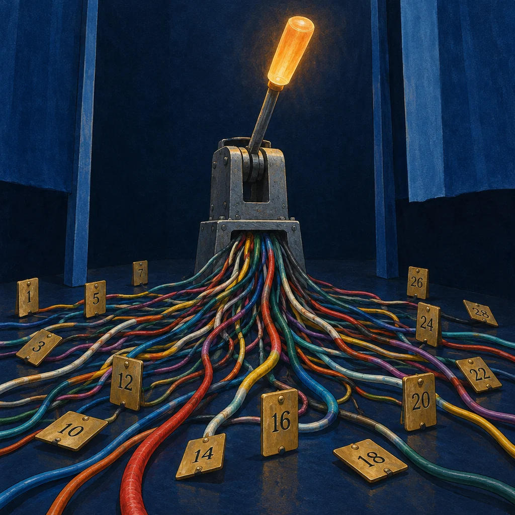 Editorial illustration: A painterly editorial illustration shows a heavy iron lever mounted on a steel base with a glowing amber handle, from which a fan of multicolored cables spreads across a dark blue floor, each cable ending at a small numbered brass plaque ranging from 1 to 28, framed by dark blue curtains.