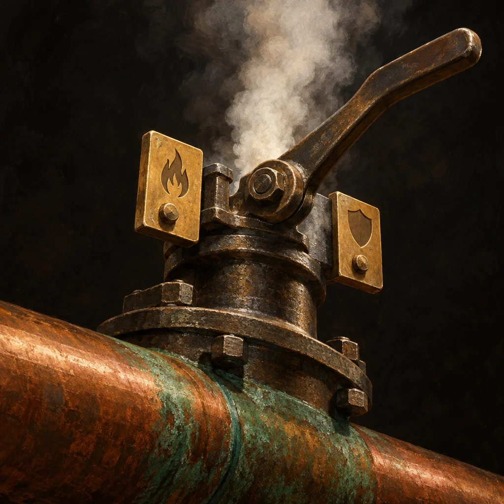 Editorial illustration: A painterly editorial illustration of a heavily corroded iron ball valve mounted on a patinated copper pipe, with white steam venting from the valve stem, flanked by two small brass plaques embossed with a flame symbol on the left and a shield symbol on the right, set against a dark background.