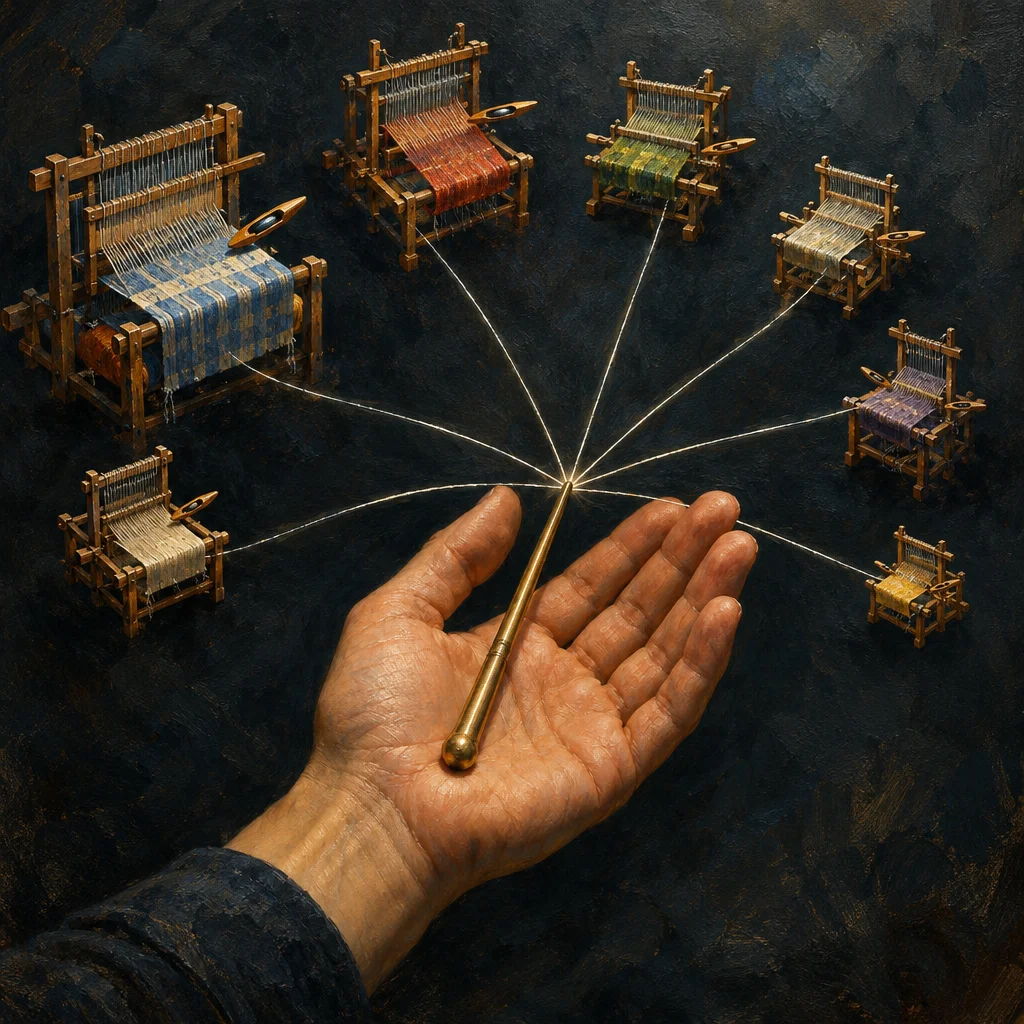 Editorial illustration: A painterly editorial illustration of an open human hand holding a slender brass wand from which seven glowing white threads extend outward to seven small wooden weaving looms arranged in a semicircle, each loom producing fabric in a distinct color against a dark textured background.