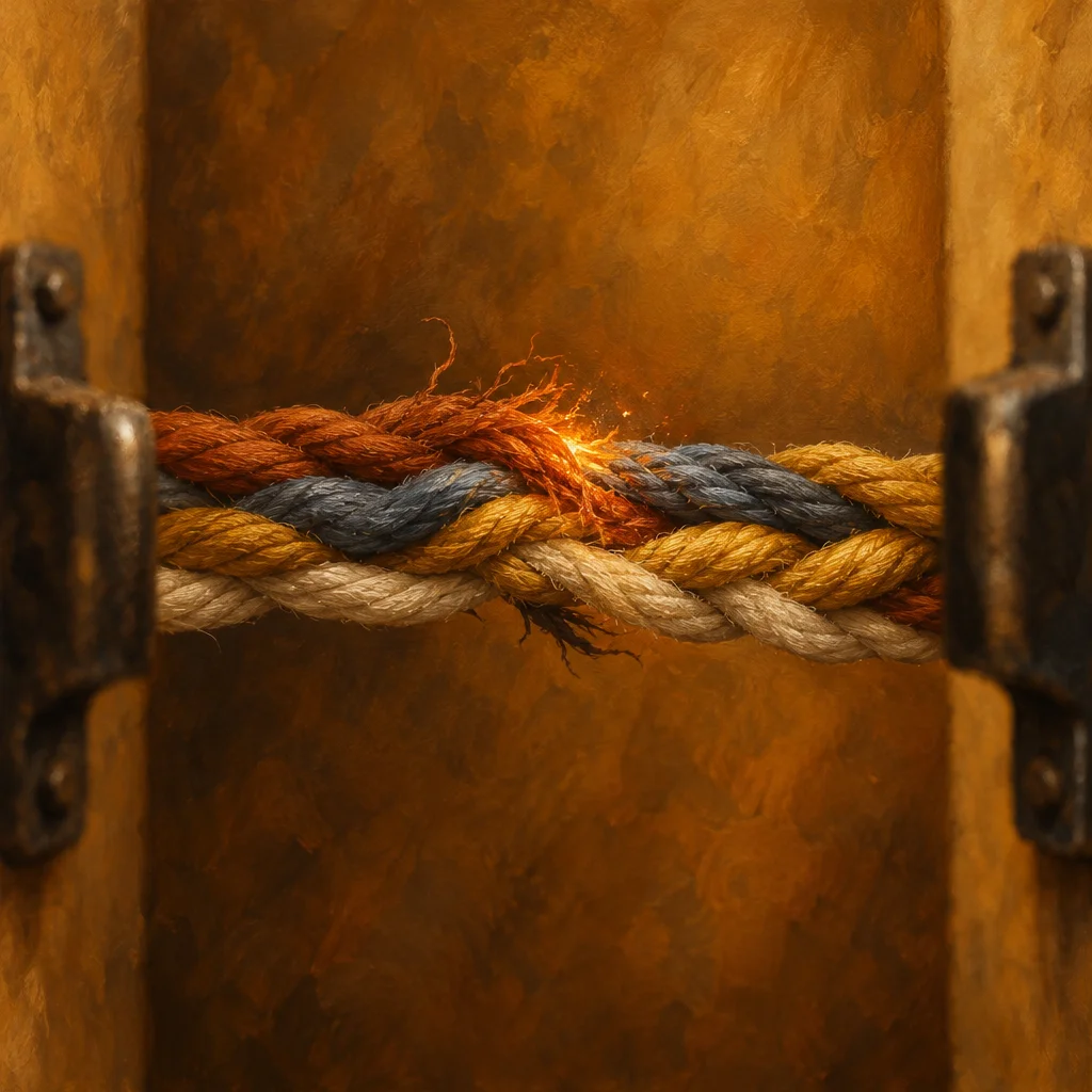 Editorial illustration: A painterly editorial illustration shows a thick rope braided from four colored strands -- rust red, steel blue, gold, and cream -- stretched taut between two weathered iron wall brackets, with the red strand fraying and emitting sparks at the midpoint against a warm amber painted background.