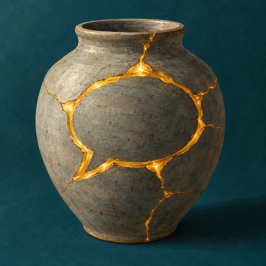 Editorial illustration: A large rounded gray ceramic pot repaired in the kintsugi style, with glowing gold-filled cracks tracing the outline of a speech bubble shape on its front face against a deep teal background.