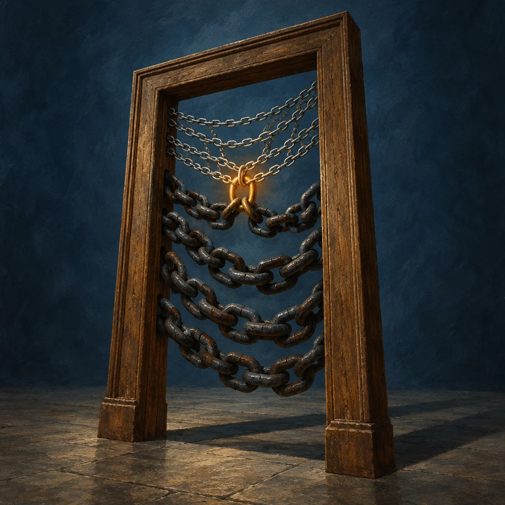 Editorial illustration: A freestanding dark wood doorframe on a stone floor is filled with multiple heavy iron chains draped horizontally across the opening, converging at a pair of glowing gold links at center, with lighter silver chains visible above against a dark blue background.