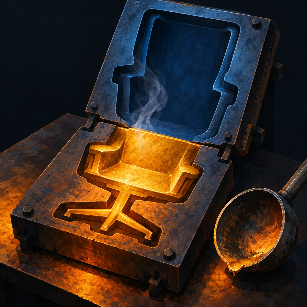 Editorial illustration: An open metal casting mold on a workbench glows with molten golden light in the shape of an office chair, with wisps of smoke rising and a ladle resting beside it.