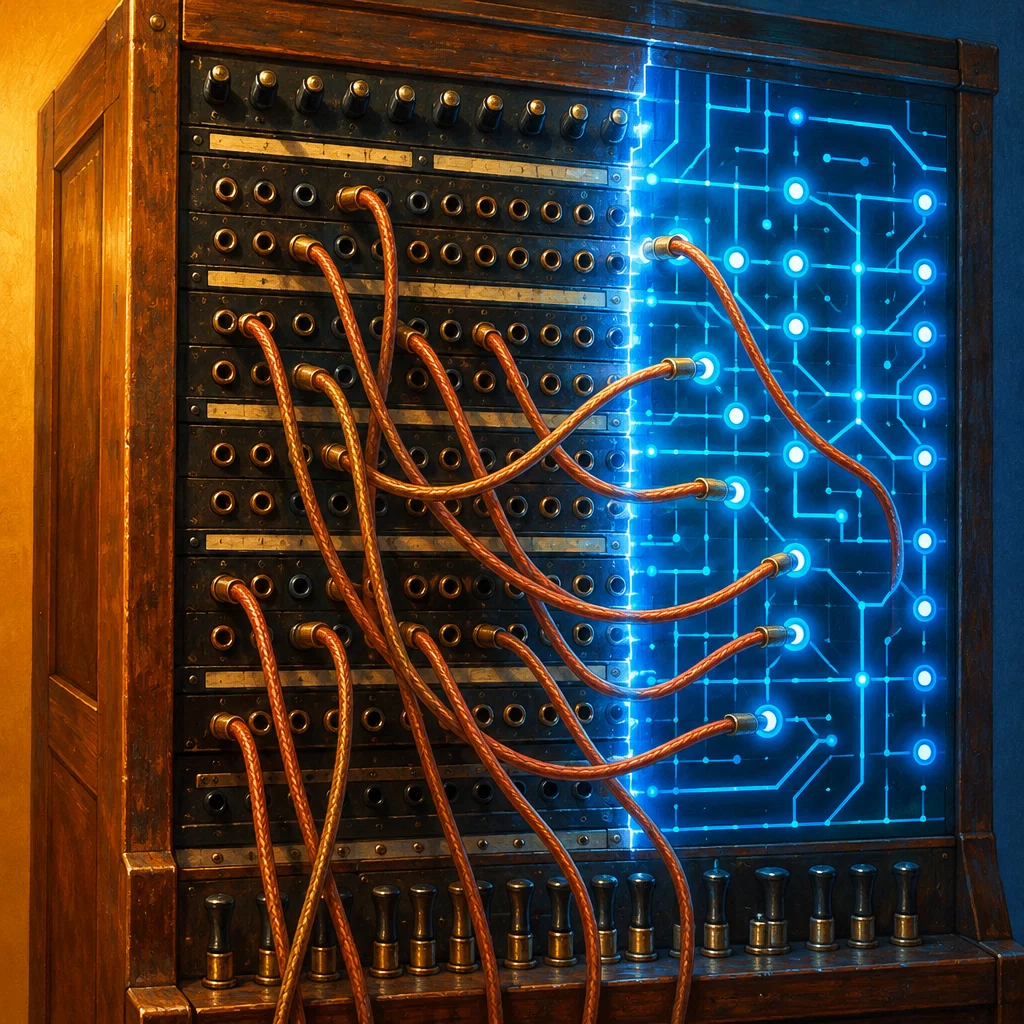 Editorial illustration: A wooden vintage switchboard with braided copper cables plugged into rows of brass jacks transitions on its right half into a glowing blue digital circuit board with illuminated nodes and pathways.