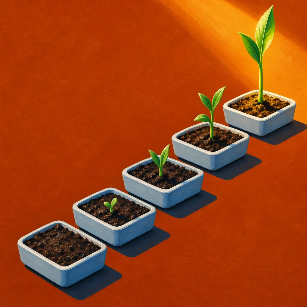 Editorial illustration: Five rectangular blue planters arranged diagonally showing a progression from bare soil to increasingly tall green seedlings, illuminated by warm orange-yellow light against a deep red background.