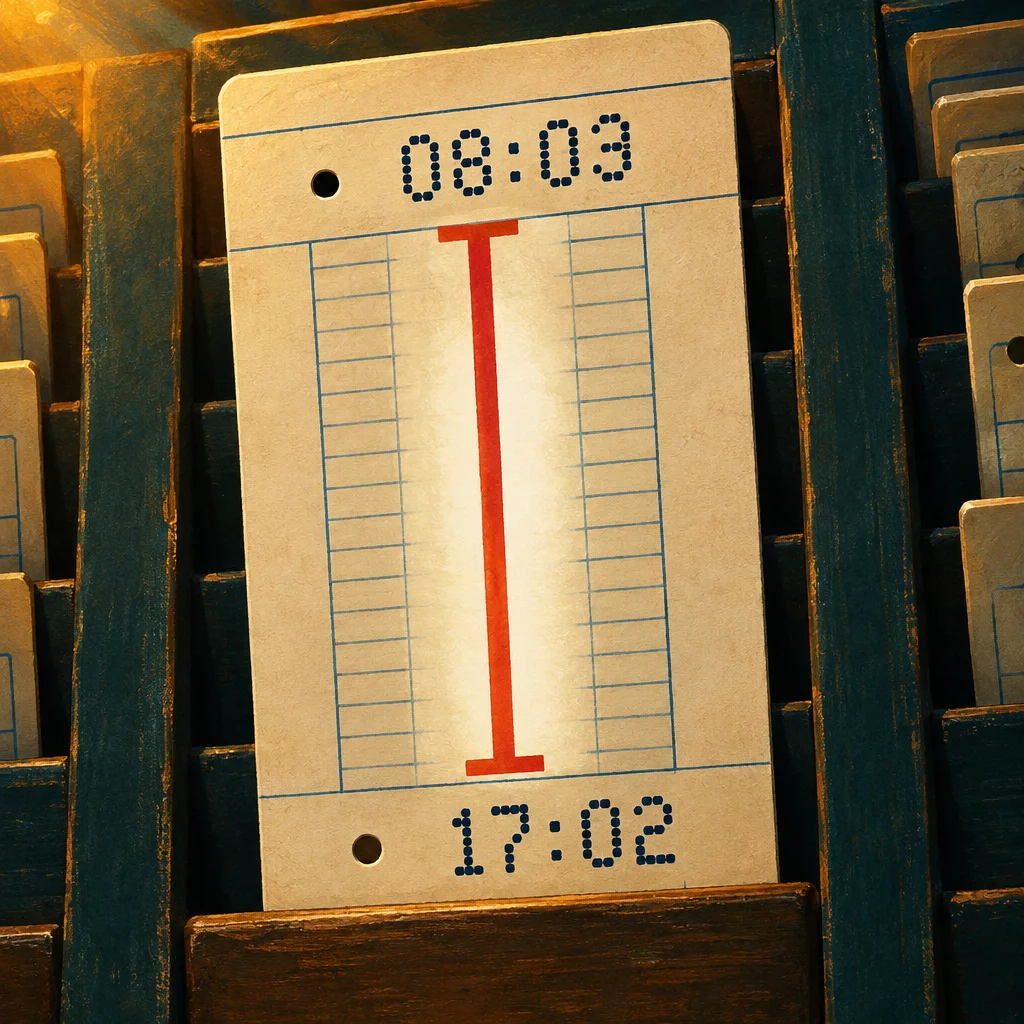 Editorial illustration: A stylized editorial illustration of a vintage punch card in a wooden time-card rack showing 08:03 at the top and 17:02 at the bottom in digital dot-matrix numerals, with a thick red vertical bar spanning the middle of the ruled card face.